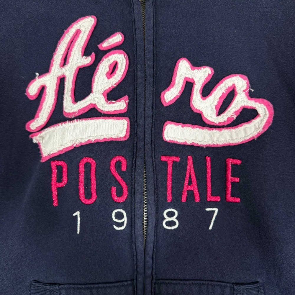 Y2K Aeropostale Hoodie Zip Up Graphic Logo Womens M Navy Blue Cotton Blend EUC - Picture 6 of 13